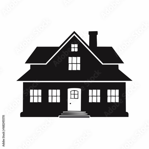 Silhouette of Traditional American House with Pitched Roof and Windows