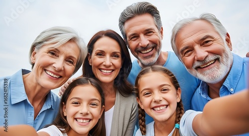 Happy multi generational family smiling at camera during a cheerful outdoor photo session
