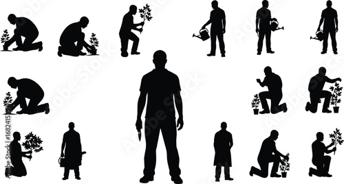 Silhouette of man gardening, planting tree, watering plants, taking care of garden, eco lifestyle, environment, farming, agriculture, nature, growth