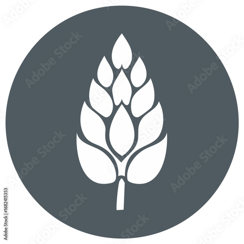 Stylized white hops leaf graphic within a dark gray circle, simple illustration