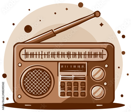 Vintage Portable Radio Cartoon with Antenna and Display Tuning into Frequencies and Sounds