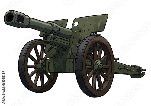 Vintage artillery cannon with wooden wheels, military historical depiction, historical warfare equipment