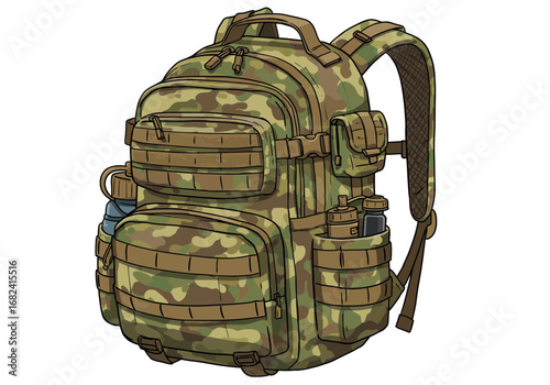 Durable tactical backpack with camouflage pattern, multiple pockets, and water bottles for outdoor adventures