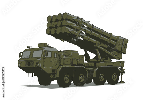Powerful military rocket launcher vehicle ready for action with multiple missiles