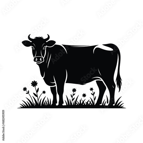 Black cow standing in grass with flowers white illustration