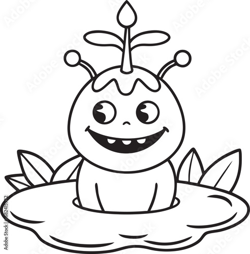 Outline drawing of a happy alien creature in a puddle