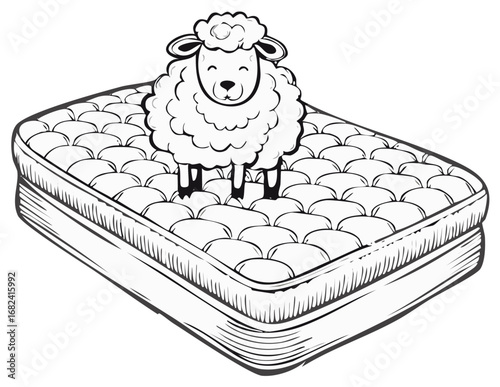 Sheep on mattress illustration, insomnia concept, outline drawing design