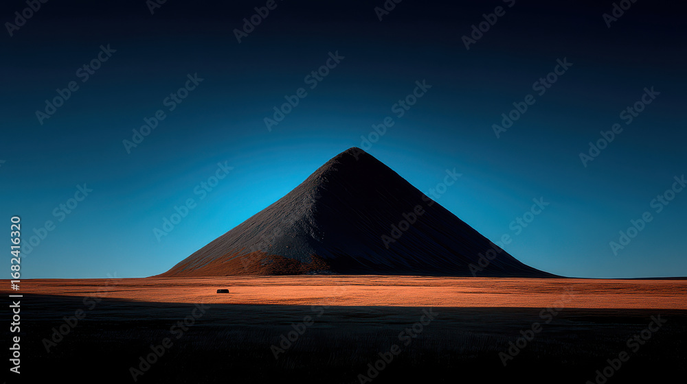Fototapeta premium Majestic mountain rises against deep blue sky, casting long shadow over golden landscape, evoking sense of tranquility and awe