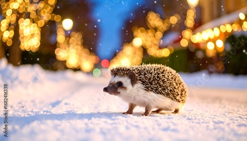 Fototapeta Naklejka Na Ścianę i Meble -  Hedgehog in snowy street at night