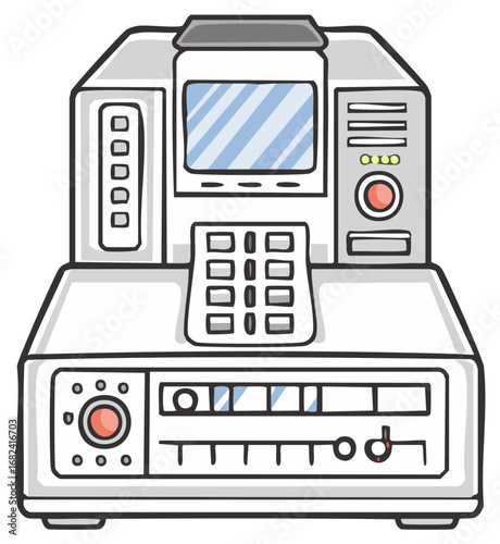 Cartoon style illustration of a vintage fax machine with buttons, monitor, and dials