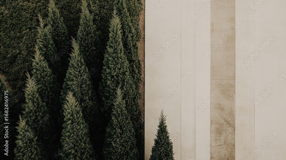 Fototapeta premium Abstract juxtaposition of natural evergreen trees and modern architectural paneling backdrop