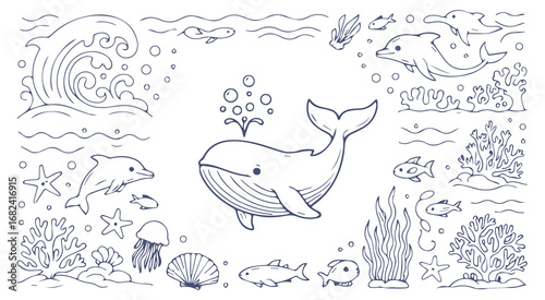Whimsical underwater scene with marine life whale dolphin