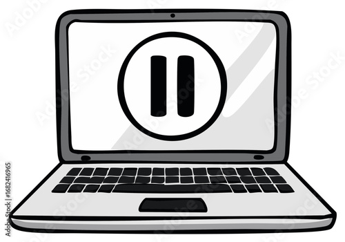 Hand drawn illustration of an open laptop computer with a black and white pause symbol displayed on the screen