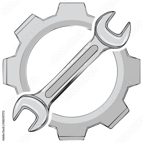 Illustrative gear wheel with an adjustable wrench diagonally placed over its center section in an overhead arrangement