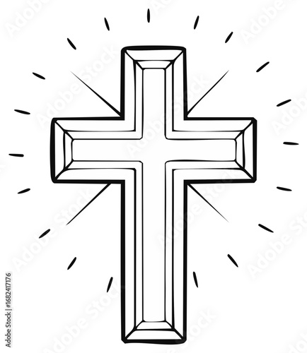 Radiant Cross Symbol Christian Faith Hope Religion Line Art Design Element Black and White Graphics