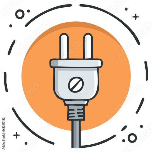 Illustration of a grey electric plug against an orange circular background with hand drawn styled dashes and dots.