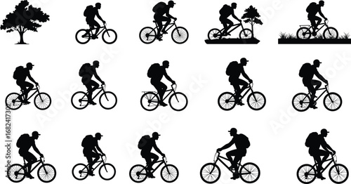 Silhouette of man riding bicycle, outdoor cycling activity, eco transport, exercise, backpack travel, healthy lifestyle, mountain bike, urban commuting