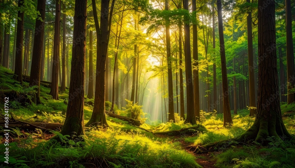 Fototapeta premium Sunlight streams through a dense forest, illuminating the lush green undergrowth and tall trees.