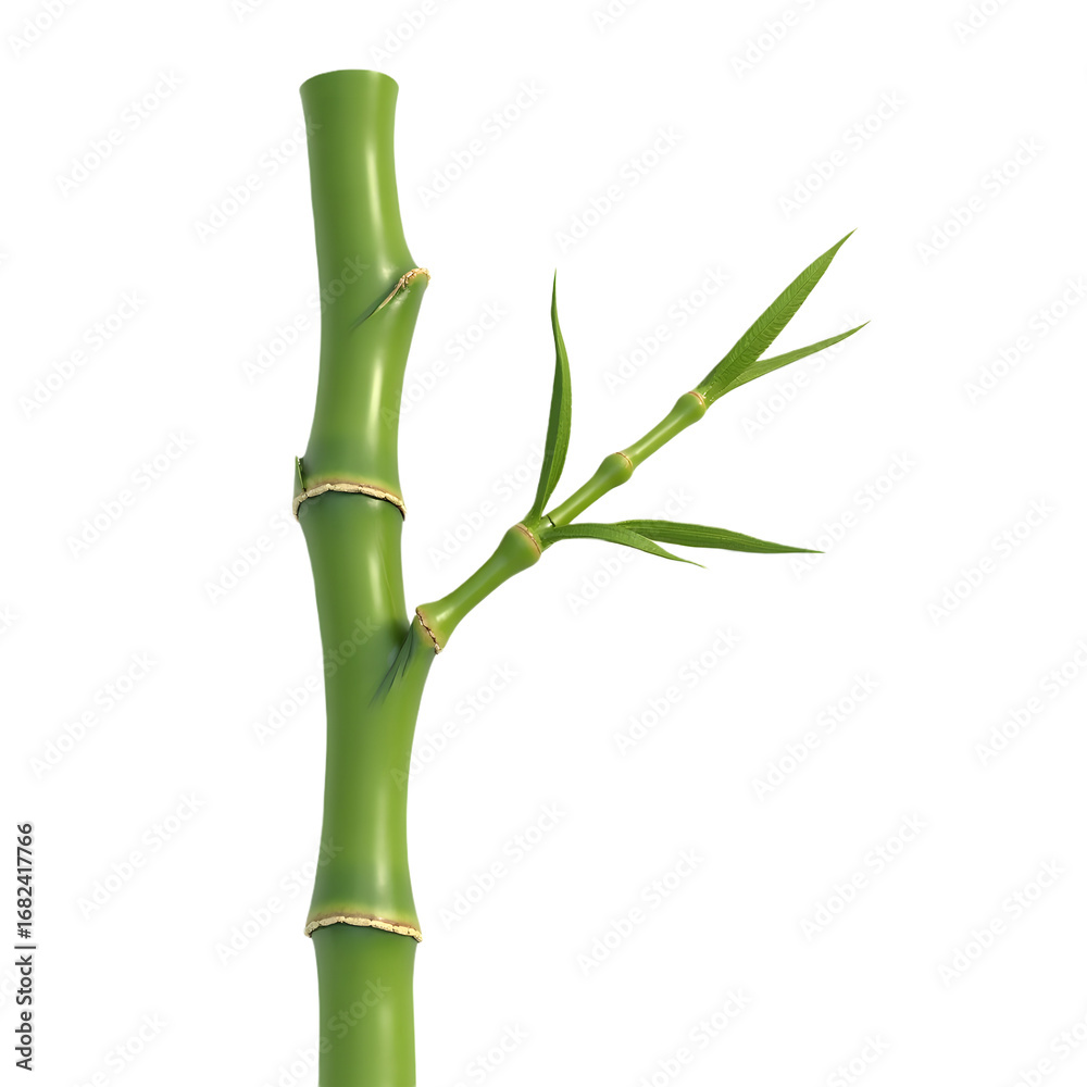 Fototapeta premium Vibrant Green Bamboo Stalk with Delicate Leaves Against a Stark Black Background Symbolizing Growth and Freshness