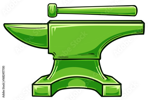 Shiny green anvil and hammer illustration, a symbol of forging and craft