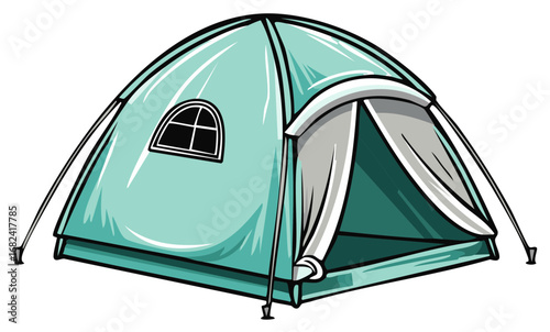 Vibrant teal camping tent with open entrance and arched window for outdoor adventure illustration