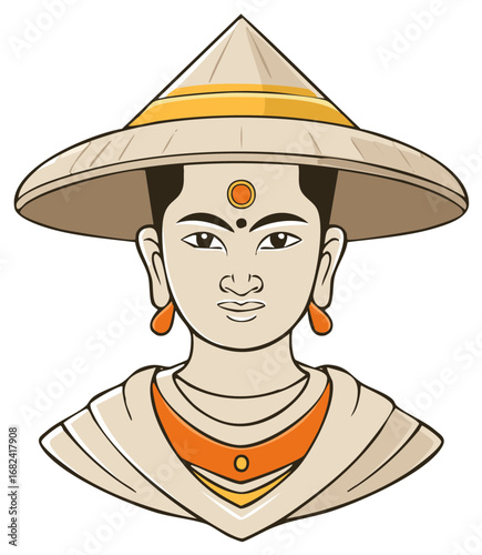 Illustrated portrait of a serene Asian spiritual character wearing a traditional conical hat and bindi