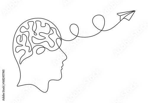 Human brain with paper plan continuous one line drawing art vector illustration