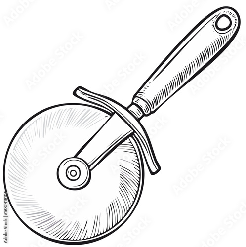 Hand-drawn illustration of a pizza cutter isolated on white.