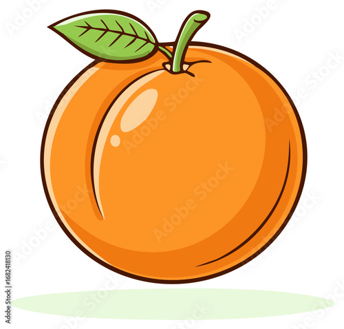 Cartoon Peach Fruit Illustration with Green Leaf and Stem Isolated