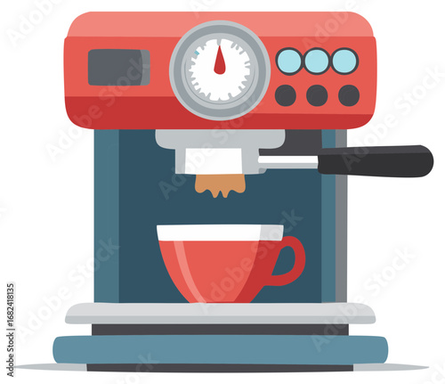 Red espresso machine brewing coffee into a cup with gauge and buttons