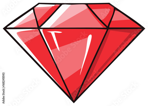 Red ruby gem drawing isolated, diamond shaped faceted jewel illustration
