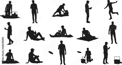 Silhouette of people enjoying picnic outdoors, sitting on blanket, drinking beverage, playing games, relaxing lifestyle, summer leisure recreation illustration