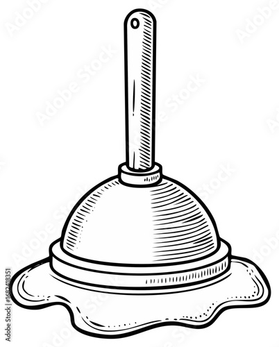 Black and white illustration of a plunger with a rubber cup on a liquid puddle