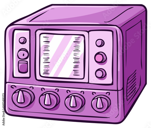 Retro Purple Transistor Radio with Dials and Screen Display Depicting Analog Technology Broadcasting Signals