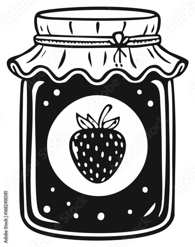 Strawberry Jam Jar Illustration, Homemade Preserves Black and White, Fruit Spread, Fresh and Sweet Treat, Outline Art