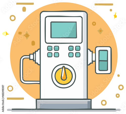 Cartoon fuel pump illustration with display and nozzle for vehicle refueling