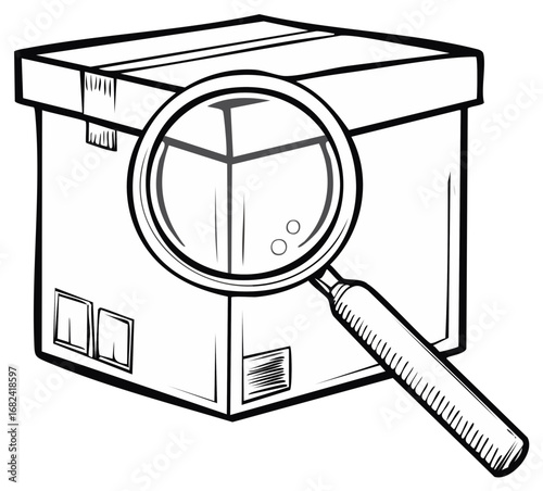 Cardboard box inspection with a magnifying glass line art