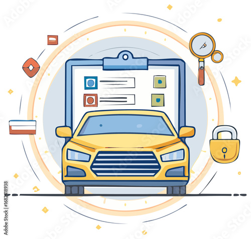 Yellow car inspection report with magnifying glass vehicle maintenance checkup automotive evaluation