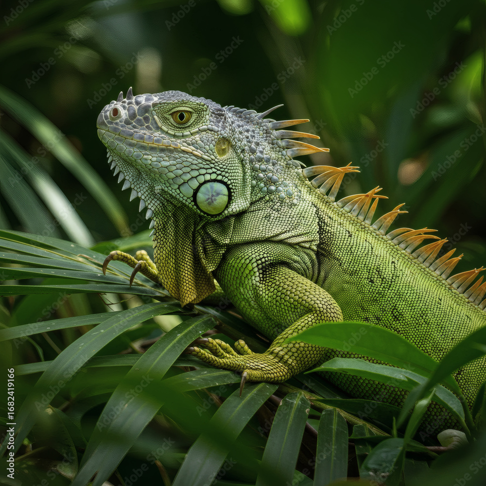 Obraz premium The serene beauty of a wild green iguana, a majestic reptile camouflaged among the lush foliage of a tropical rainforest
