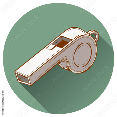 Metallic Whistle Icon with Long Shadow in Circle Coach Tool Referee Signal Sound Warning Alert Safety