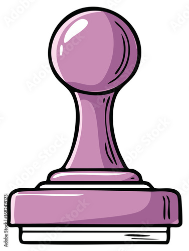 Cartoon illustration of a purple rubber stamp office tool for documents and official use