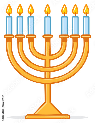 Golden seven branched menorah with brightly glowing blue candles spiritual light and tradition