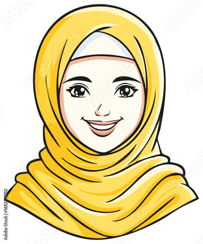 Cartoon portrait of a young woman wearing a yellow hijab with a friendly expression