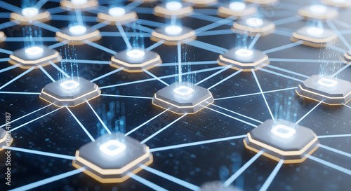 Interconnected Digital Network: Illustrative rendering of a technological network, with nodes linked by intricate lines and glowing connections, radiating an aura of innovation and futuristic design.