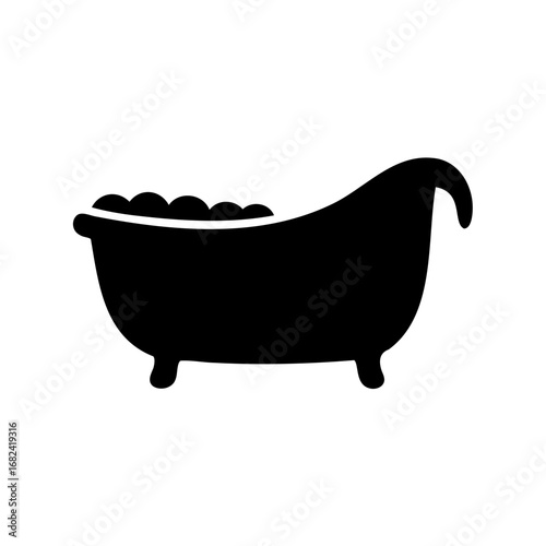 Black Silhouette of a Clawfoot Bathtub Filled with Bubbles on a White Background