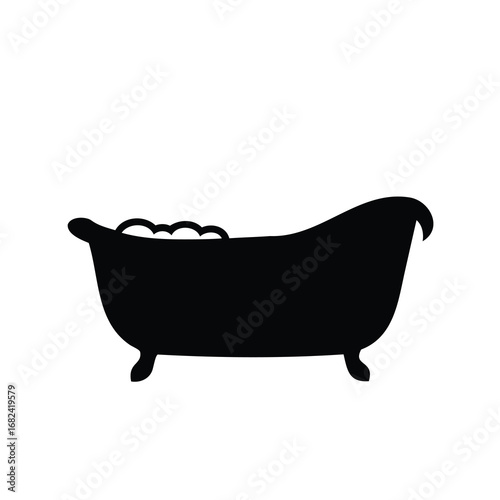Simple silhouette of a claw foot bathtub filled with bubbles, on white