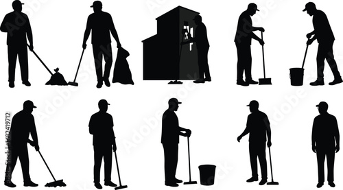 Silhouette of worker cleaning floor with mop, broom, bucket, garbage bag, janitor service, housework, sanitation maintenance, hygiene, professional cleaner