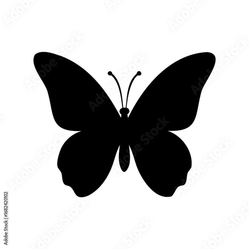 Simple black butterfly silhouette with rounded wings and antennae on white background