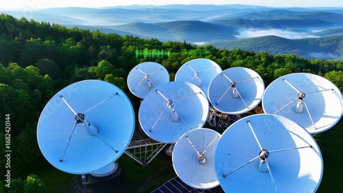 Spectacular aerial footage of radio telescope array amidst rolling hills and lush forests