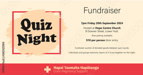 Quiz night with auction fundraiser advertisement FB facebook social media event banner 1200px x 628px
